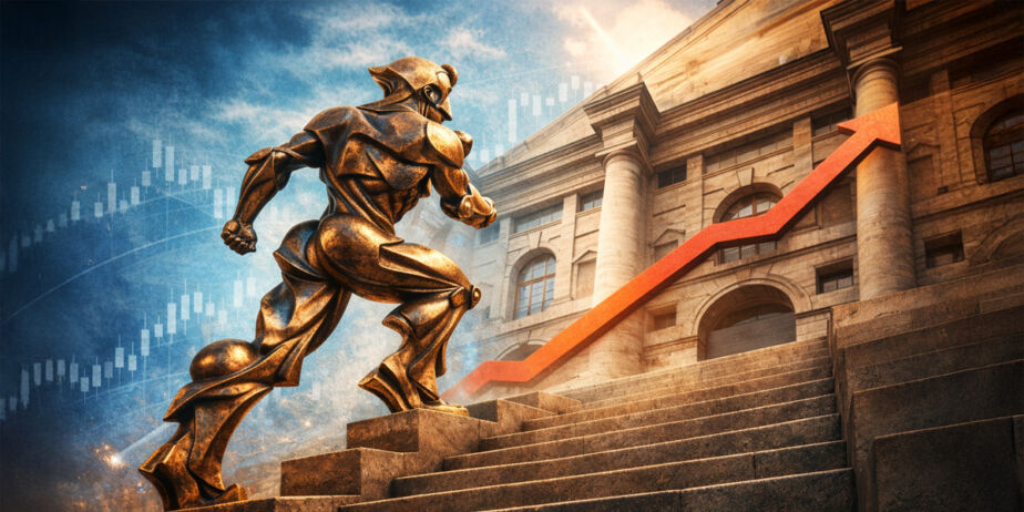 Statua in bronzo di un uomo stilizzato che sale una scalinata davanti a un edificio classico, con una freccia rossa in crescita e grafici finanziari sullo sfondo, simbolo di crescita patrimoniale e performance degli investimenti, che rapprenta il tuo check up di portafoglio