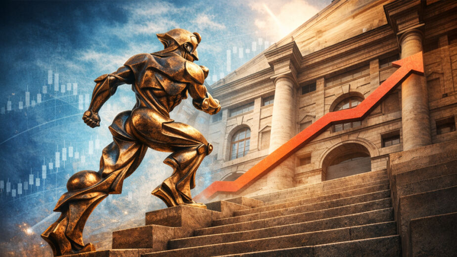 Statua in bronzo di un uomo stilizzato che sale una scalinata davanti a un edificio classico, con una freccia rossa in crescita e grafici finanziari sullo sfondo, simbolo di crescita patrimoniale e performance degli investimenti, che rapprenta il tuo check up di portafoglio